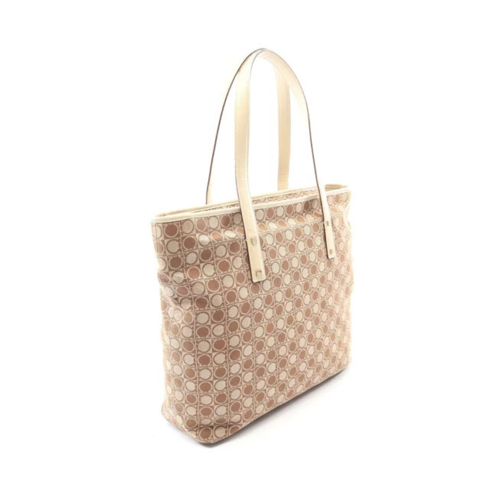 Salvatore Ferragamo Gancini Leather Bag Tote Beige White Canvas Tan White